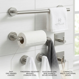 Ensemble de porte-serviettes de salle de bain en acier inoxydable noir mat, 5 pièces, avec barre porte-serviettes, porte-papier, crochets, design minimaliste mural - Product Image 2