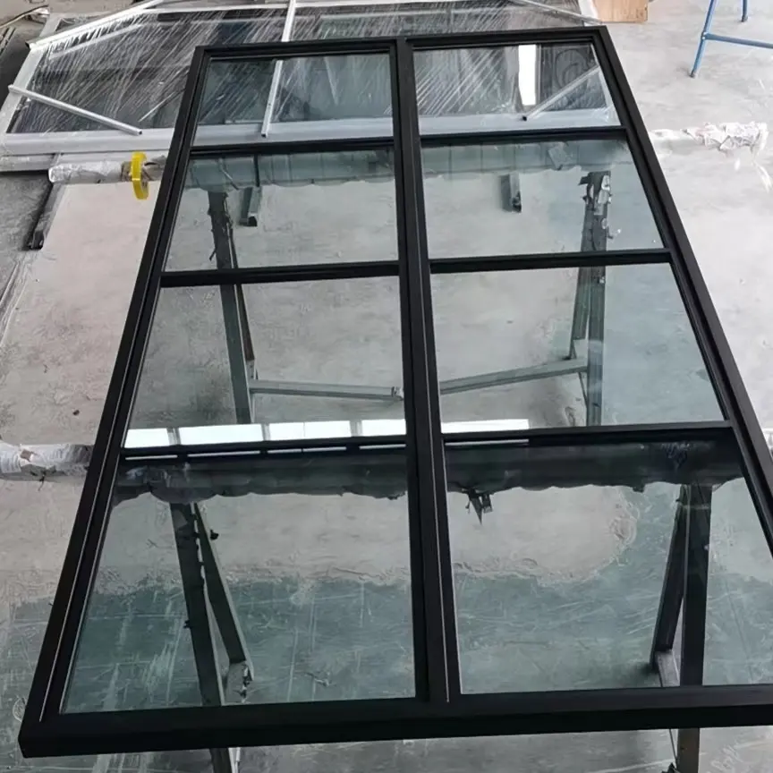 Quadro estreito dupla vidro temperado porta de aço loja de vidro porta frontal porta de vidro moldura de aço