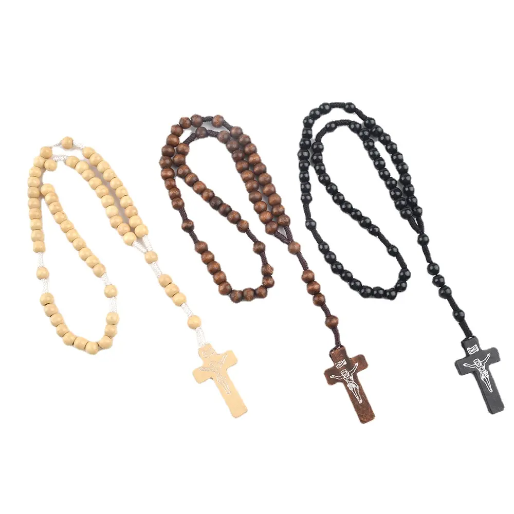 Manik-manik tasbih rosario, tali hitam murah, manik-manik kayu coklat, kalung kayu rosario Katolik dengan Yesus Salib