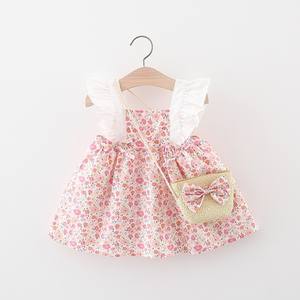 1454 filles été jupe florale robe nouveaux vêtements pour enfants avec décoration en dentelle pour la plage vient bambou panier sac à bandoulière - Product Image 1