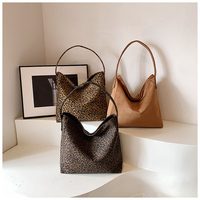 Tas Selempang Wanita Motif Leopard Kapasitas Besar, Tas Hobo Kanvas Lembut, Tas Belanja Kasual Sehari-hari