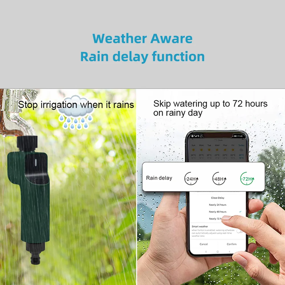 Yağmur gecikmesi ile akıllı Wifi su zamanlayıcı IP54 programlanabilir yağmurlama zamanlayıcı/manuel/otomatik sulama sistemi çimler için, Yard