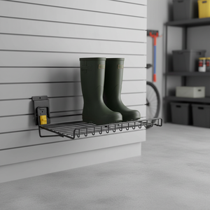 Étagère à chaussures inclinée pour mur à lattes - Support en fil de fer robuste jaune avec verrou de sécurité, design moderne, 24x12 pouces pour <span class=keywords><strong>garage</strong></span> et rangement de buanderie - Product Image 2