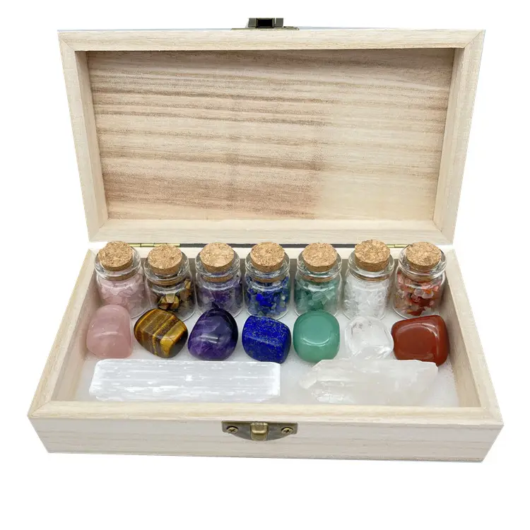 Großhandel natürliche Heil kristalle Stein Holzkiste Set 7 Chakra Stones Kit für Meditation