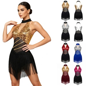 Vestido de Baile Latino para Mujer con Lentejuelas, Cuello Halter, Falda con Flecos, Malla Transparente en la Cintura, Espalda Abierta, Traje de Salsa y Baile de Salón Personalizado - Product Image 1