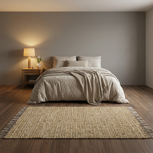 Tapis d'intérieur rectangulaire en jute rayé fait main, à poils ras, style bohème, tissage plat, pour chambre à coucher, avec bordure à franges - Product Image 3