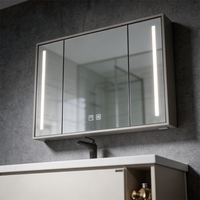 Rak Dinding Kamar Mandi Modern Warna Putih dengan Wastafel Persegi Panjang, Kabinet Cermin LED, Penyimpanan Tersembunyi, dan Dua Laci Soft Close