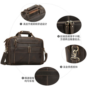 Dujang Men's Leather <b>Briefcase</b> Large Capacity Business Travel Laptop Bag Top Grain Cowhide Solid Color Brown - Product Image 2