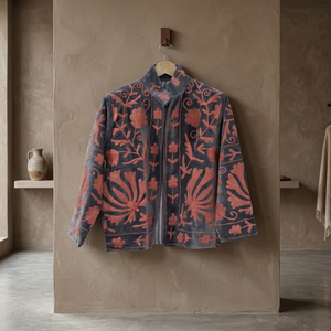 <b>Women</b> Embroidered <b>Velvet</b> <b>Jacket</b> Floral Pattern Mandarin Collar Open Closure Full Sleeve Autumn Outerwear Wholesale Suzani Coat - Product Image 1