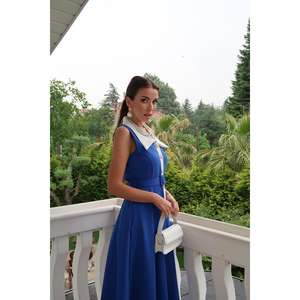 Robe de cocktail Saks A-Line sans manches à col halter, taille naturelle, en satin respirant, bleue - Product Image 3