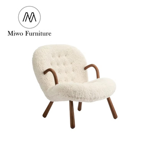 Sillón de diseño moderno, sillón de <span class=keywords><strong>almeja</strong></span> con marco de madera maciza de tela de lana larga blanca, sillón para sala de estar, muebles de interior reclinables - Product Image 1