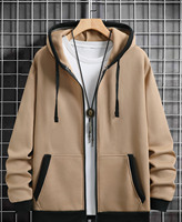 Sweat-shirt à capuche zippé intégral en molleton pour homme, coupe oversize à épaules tombantes, avec poche kangourou, bord côtelé contrastant, personnalisable avec logo