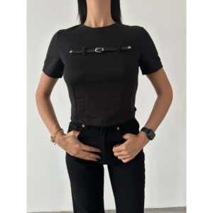 Camiseta básica de mujer con detalle de cinturón, tejida, manga regular, color negro - Product Image 4