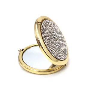 custom mini folding cosmetic mirror gold metal diamond round makeup mirror double side pop up pocket mirror