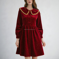 Robe en velours scintillante pour femmes, bordeaux, avec bordure dorée, col Peter Pan, manches longues, robes de fête