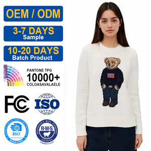 Suéter Premium 100% Algodón con Diseño de Oso para <span class=keywords><strong>Mujer</strong></span>, Tejido Grueso 7GG, Estilo Retro Jacquard, Lujo Discreto, Estilo Old Money - Product Image 2