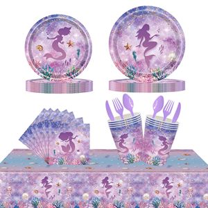 Pink Purple Mermaid Theme Girl Party Paper Plate Children's Birthday Party <b>Dinnerware</b> Supplies <b>Set</b> Kid Mermaid Party Supplies - Product Image 1