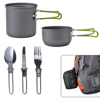 Ensemble de casseroles d'extérieur pour 1-2 personnes Casseroles et poêles Batterie de cuisine de camping portable avec couverts, ensemble de cuisinière en aluminium