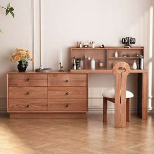 Dressing <b>Table</b> And Chest Of Drawers Combined Oak Wood Extendable Bedroom <b>Makeup</b> Vanity With Storage Cabinet - Product Image 3