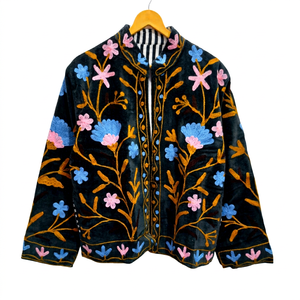 Women's Velvet Blazer Hand Embroidered Floral Pattern Mandarin Collar Full Sleeve Autumn <b>Coat</b> - Product Image 1
