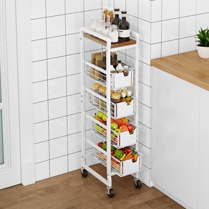 Pavimento multistrato con ruote portaoggetti per verdure in legno retrò cesto di frutta da <span class=keywords><strong>cucina</strong></span> tirare fuori organizzare carrello Snack - Product Image 5