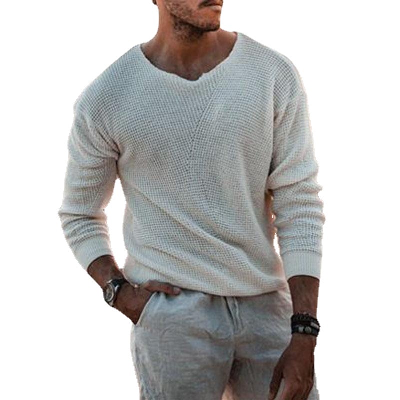 Men's Casual Long Sleeve Knitted Sweaters Loose V Neck Plus Size Pullover Sweater