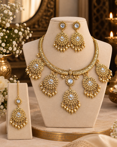 Gold Plated Brass <b>Bridal</b> <b>Jewelry</b> <b>Set</b> Green Zircon Imitation Pearl Necklace Earrings Maang Tikka Wedding For Womens Classic Style - Product Image 5