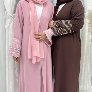 2024 duyên dáng mở abaya cotton linen rắn màu thổ nhĩ kỳ abaya thêu mô hình tay áo với khăn abayas cho phụ nữ hồi giáo
