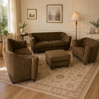 Ensemble Chesterfield capitonné en tissu de style médiéval américain mélangé pour salon, canapé rétro rembourré Villa 123 avec ottoman