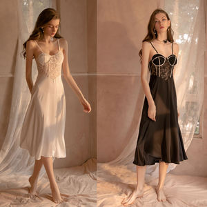 Vente en gros de vêtements de nuit sexy pour femmes, robe de nuit en dentelle et soie, pyjama, chemise de nuit brodée en dentelle, robe de nuit longue - Product Image 4