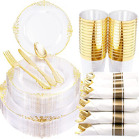Ensemble de vaisselle jetable en plastique à motif de dragon transparent avec bord doré en relief, comprenant assiette, verre à vin, couteau, fourchette et cuillère, pour fête et mariage