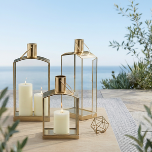 Wholesale <b>Brass</b> Metal Framed Glass Candle Holder <b>Lanterns</b> in 3 Sizes for Home and Porch Decoration - Product Image 1