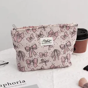 Tas kosmetik Corduroy Bow kapasitas besar, tas kosmetik genggam lucu Makeup Organizer tas perlengkapan mandi Travel Organizer 2024