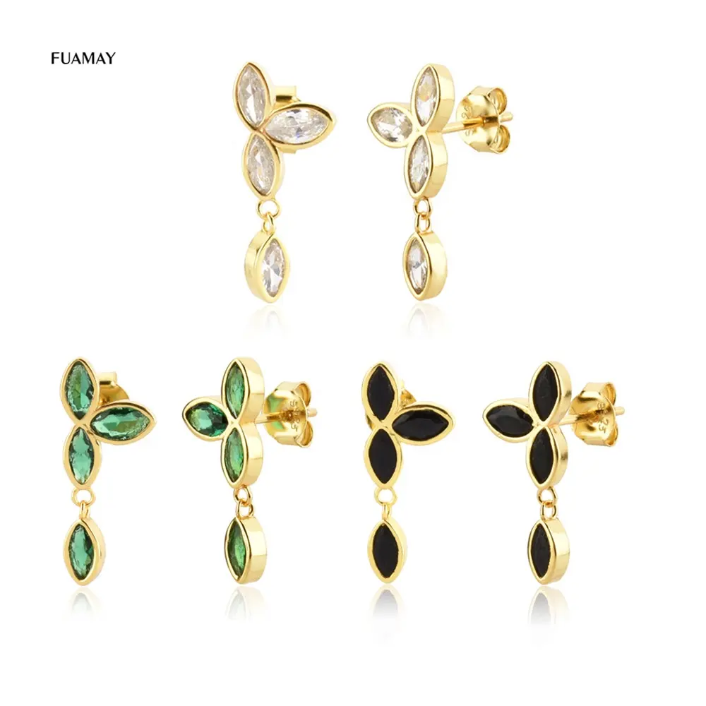 FUAMAY Sterling Silver 925 Jewellery Emerald Green Marquise Diamond Flower Earrings Drop Black Onyx Zircon Paved Earrings