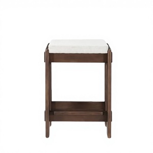 Mid-Century Modern Solid <b>Wood</b> Bar <b>Stool</b> with Upholstered Fabric Seat - Nordic Style Walnut Finish Backless Counter <b>Stool</b> - Product Image 3