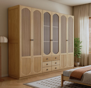 カスタムフルハウスキャビネット、床から天井までのフルウォール、グレーの6ドアワードローブ、寝室用家具、ラタンワードローブ - Product Image 1