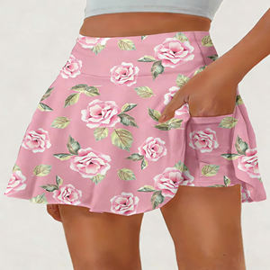 Oferta en Temu: Minifalda de cintura alta con estampado floral rosa para mujer, falda pantalón acampanada con bolsillos, ideal para tenis y golf. - Product Image 4