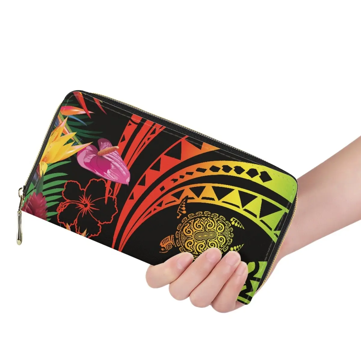 Credit Card Holder Slim PU Leather Long Zipper Wallet Polynesian Tribal Samoa Fiji Custom Pohnpei Micronesia Print Logo Design