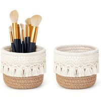 Panier de rangement rond en corde de coton tressée style pompon moderne, support pour pinceaux de maquillage en macramé chic bohème – Grande Vente