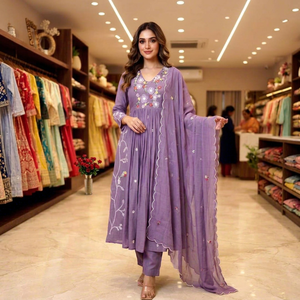 <b>Purple</b> Embroidered Indian Pakistani Set Anarkali Suit Floral Mesh Dupatta Long Sleeve <b>Dress</b> for <b>Party</b> Wedding - Product Image 1