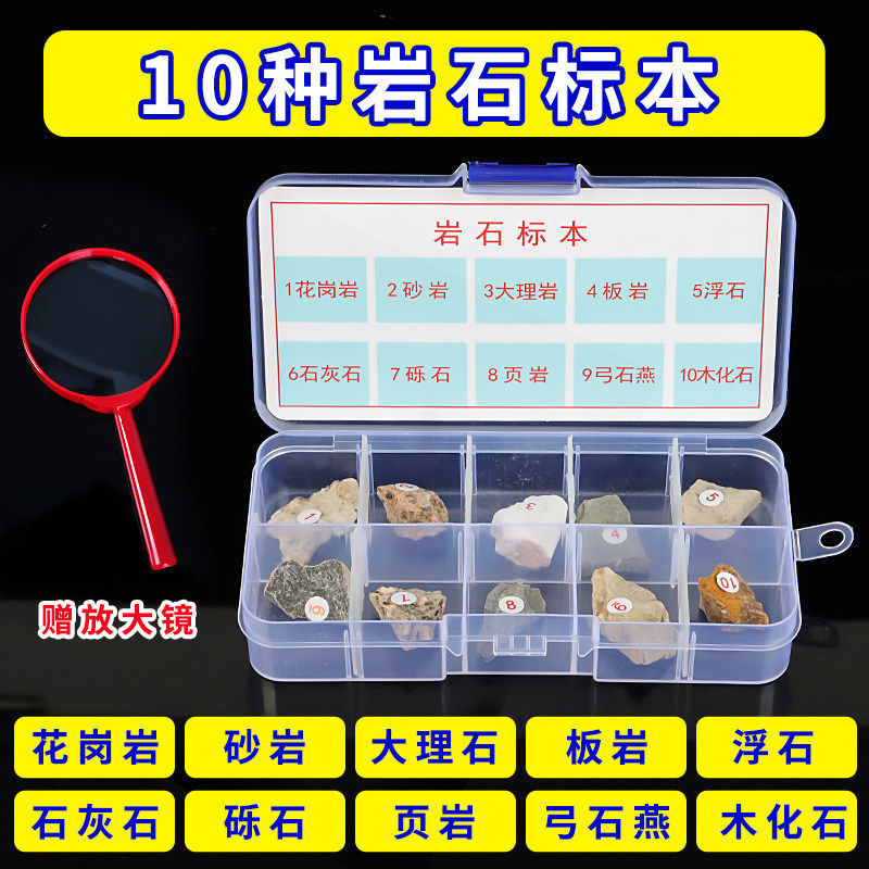 10-piece rock specimen box-includes magnifying glass