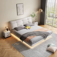 Cadre de lit suspendu Cloud, luxueux, moderne, minimaliste, haut de gamme, élégant, multifonctionnel, revêtement en cuir de vachette, couleur crème, lit solide