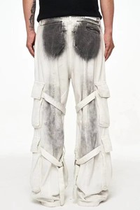 Calças Cargo de <span class=keywords><strong>Denim</strong></span> Desgastadas com Lavagem, <span class=keywords><strong>Jeans</strong></span> Largura de Perna Ampla, Estilo Casual para Quatro Estações, Decoração em Cristal, Fornecimento em Lote Escuro - Product Image 3