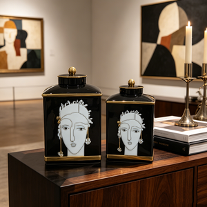 Ensemble de pots en céramique noirs et dorés avec art stylisé représentant un <span class=keywords><strong>visage</strong></span> de déesse grecque - Product Image 1