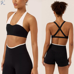 Soutien-gorge de sport rembourré pour femme à bretelles contrastantes et dos croisé, haut court d'entraînement, short cycliste taille haute effet push-up, leggings de yoga - Product Image 1