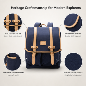 Classic Navy Canvas Laptop <b>Backpack</b> with Leather <b>Straps</b> Zipper Closure Unisex Softback 20-39L Waterproof USB Port Durable Design - Product Image 4