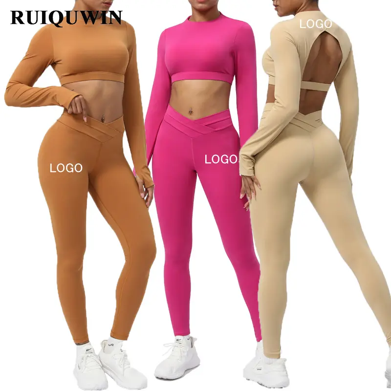 RUIQUWIN New Sports Outfits Workout Wear Long Sleeve Top High Waist Leggings 2 Piece Suit Gym Fitness Sets Women Yoga Sets