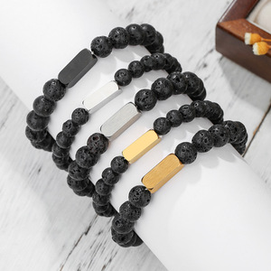 Bracelet en pierres naturelles, pierre volcanique, charme rectangulaire en acier inoxydable, bijoux unisexe, accessoire cadeau - Product Image 1