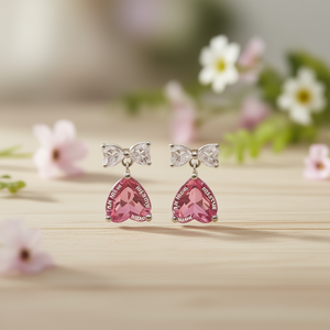 Orecchini Pendenti E2482 con Fiocco Rosa, Cristallo Taglio a Pera, Gioielli Moda Donna, Regalo Stile Carino, Montatura a Griffe in Lega di Zinco - Product Image 2