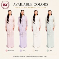 Ensemble deux pièces personnalisé Kebaya Baju Kurung pour femme, haut en dentelle rose, col mandarin, OEM ODM, marque privée, polyester, tenue de Raya de Malaisie